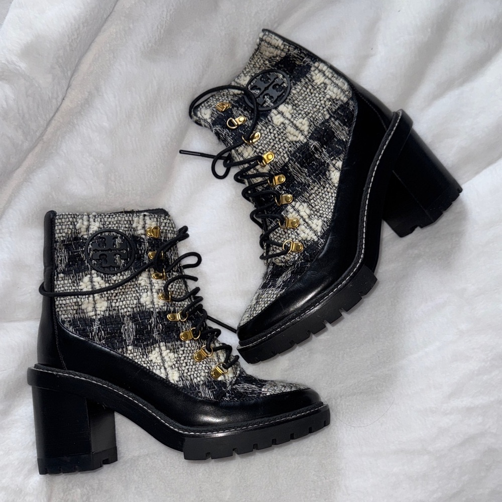 Tory Burch Miller Tweed Lug Sole Lace Up Heeled Boots Size 9.5 NWOT - Picture 3 of 11